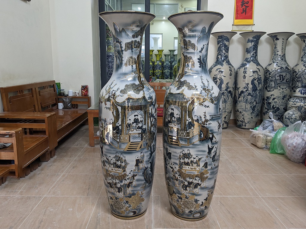 Lọ lộc bình Bát Tràng men chàm vẽ vàng nano 1m4 sang trọng, phong thủy 