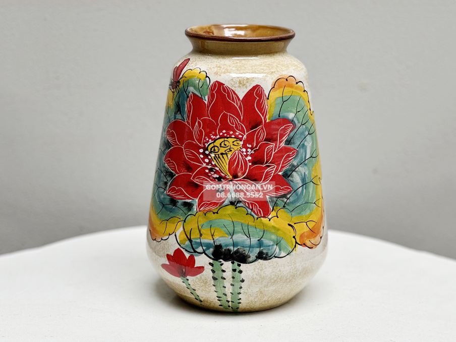Bình hoa gốm Bát Tràng dáng bầu vẽ sen 26cm trang trí đẹp 