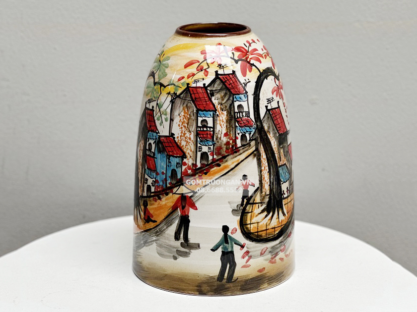 Bình hoa Bát Tràng dáng chuông 30cm vẽ phố cổ trang trí đẹp 