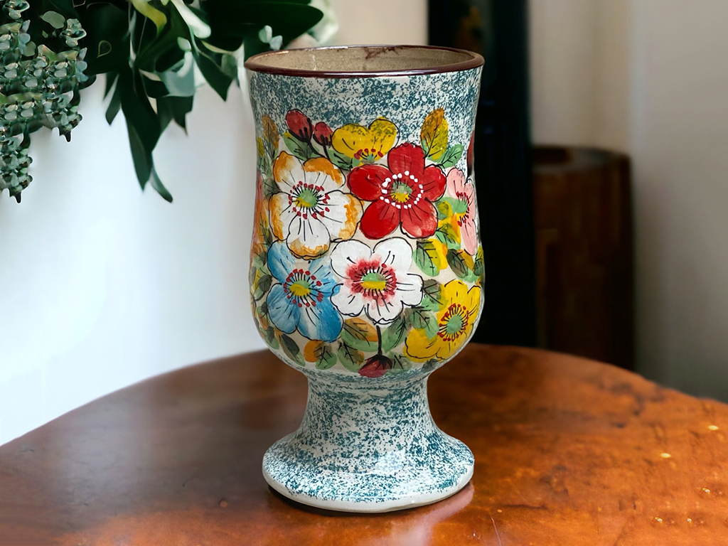 Lọ hoa Bát Tràng dáng ly vẽ tay 3D bách hoa decor đẹp 