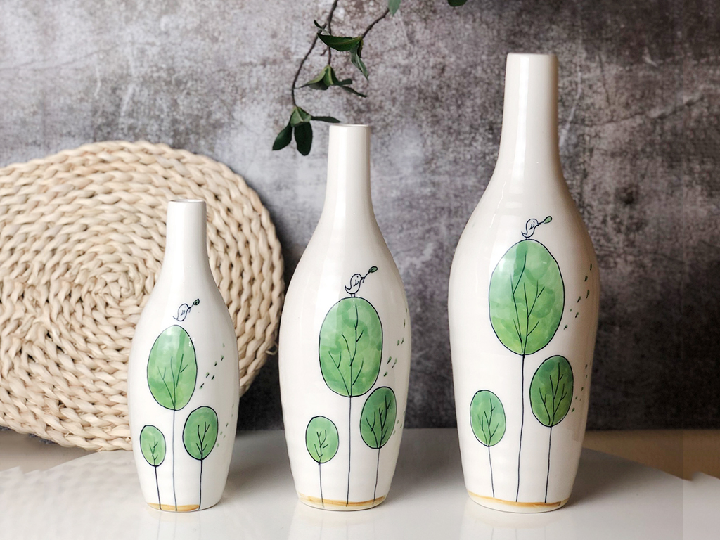 Set lọ hoa 3 chai chim xanh Bát Tràng men bóng trang trí đẹp 