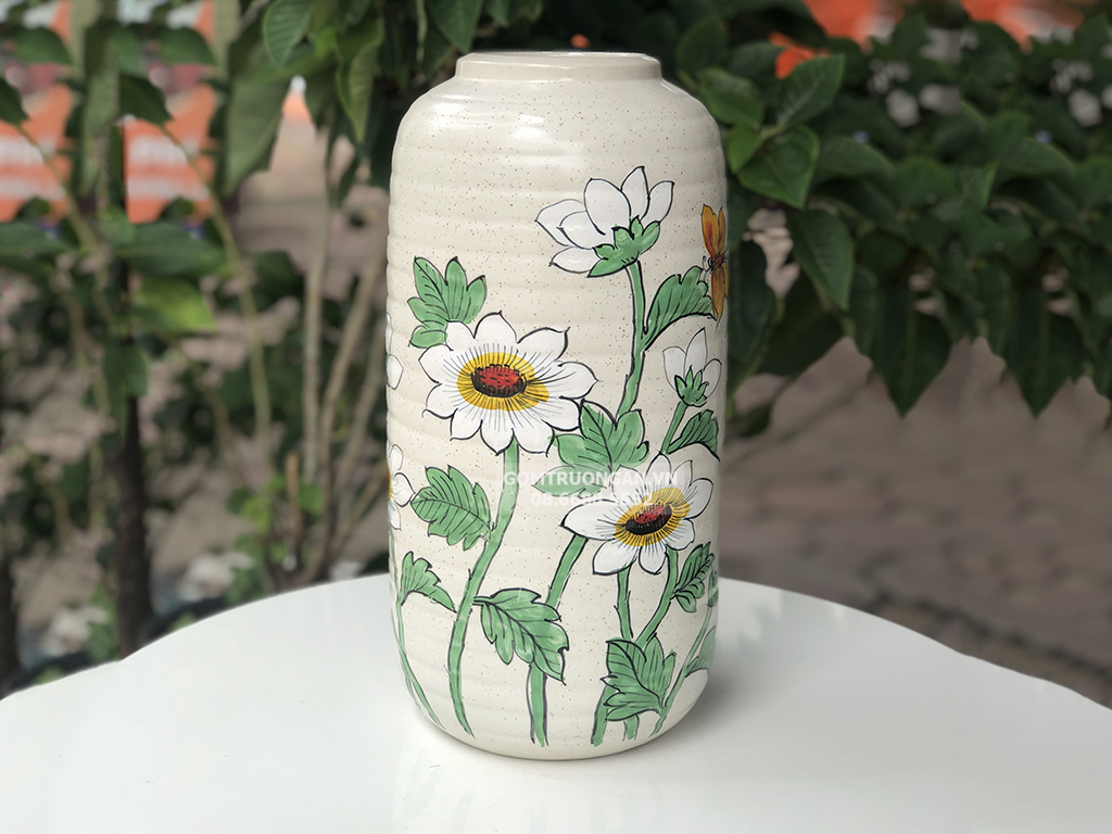 Lọ hoa men tiêu Bát Tràng hoa cúc họa mi sang trọng trang trí phòng khách 