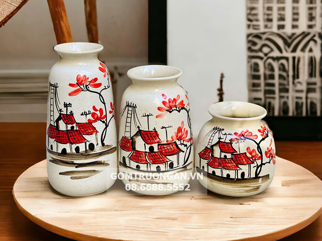 Bình hoa Bát Tràng bộ 3 vẽ phố cổ decor trang trí phòng khách 