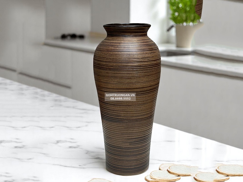 Lọ hoa gốm Bát Tràng nâu mộc độc đáo, men cổ cao cấp 33cm 