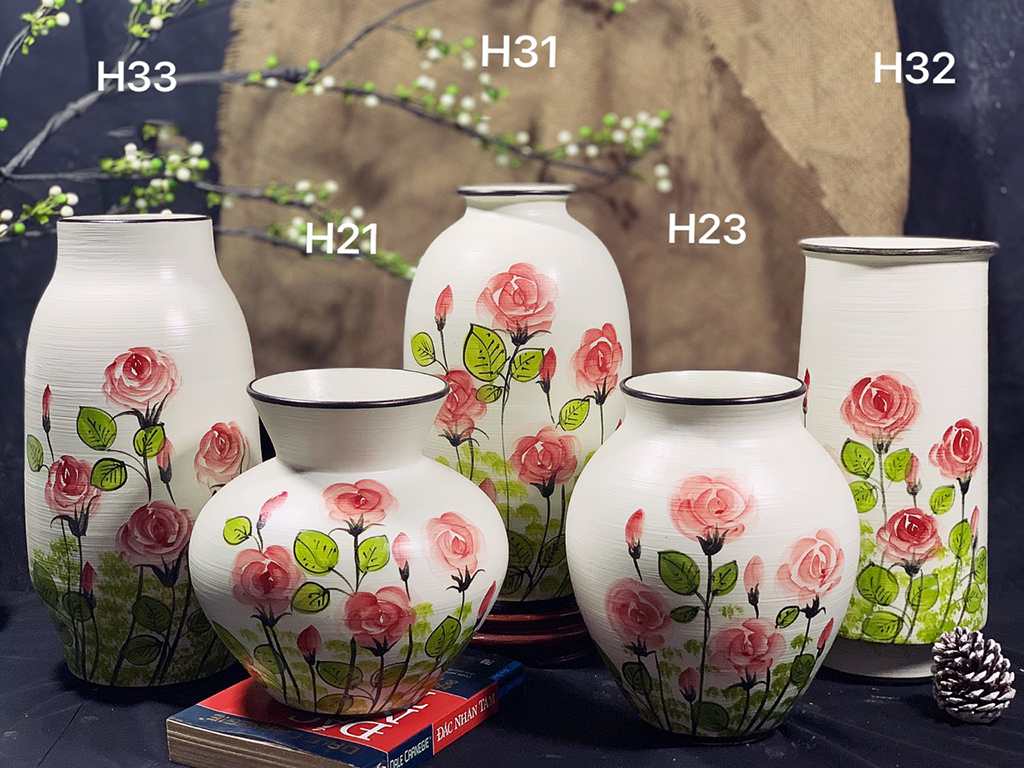 Lọ hoa Bát Tràng hoa hồng bộ 6 món sang trọng quà tặng ý nghĩa 