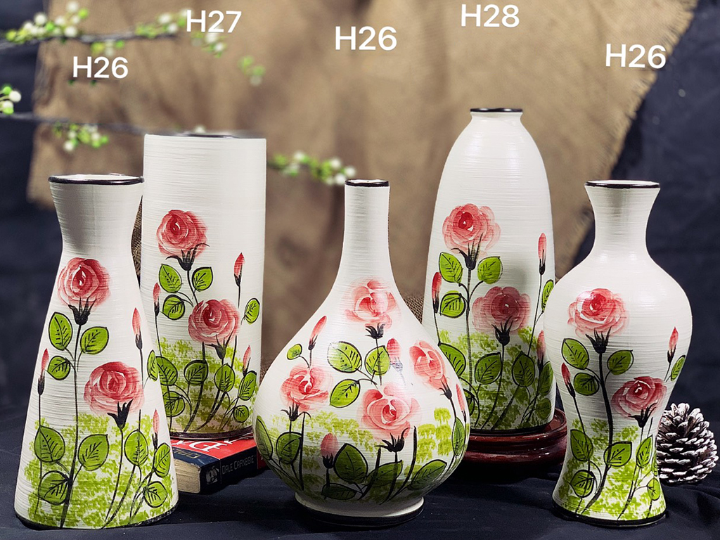 Lọ hoa Bát Tràng hoa hồng combo 3 sang trọng quà tặng ý nghĩa 