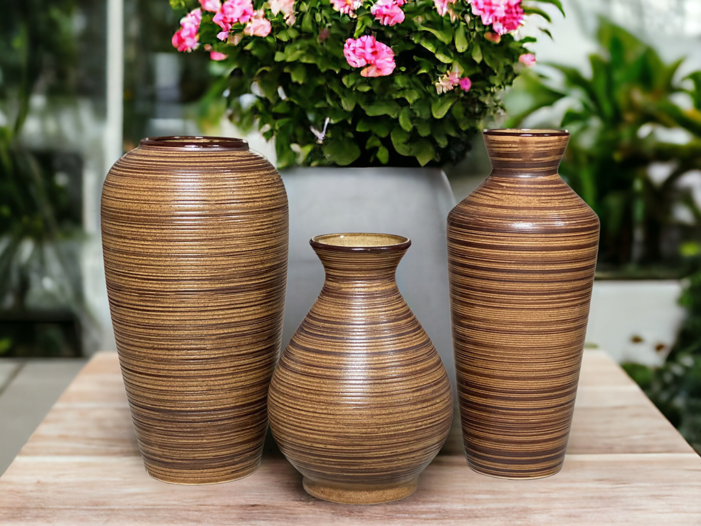 Set 3 Lọ hoa mộc nâu Bát Tràng decor phòng khách sang trọng 