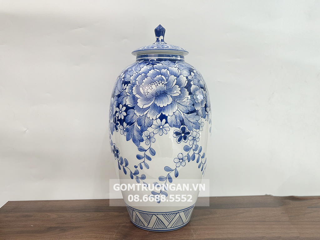 Lọ hoa decor Bát Tràng men lam Chóe Ngàn Hoa lửng đẹp phong cách 