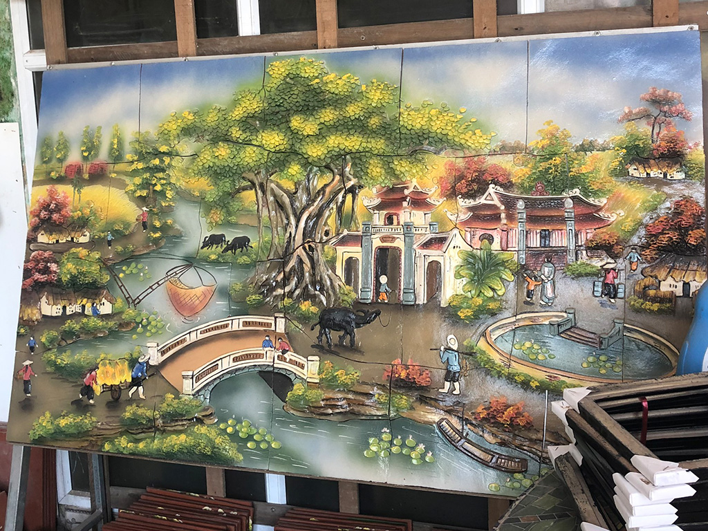 Tranh gốm ốp tường làng quê Việt Nam tranh trang trí đẹp
