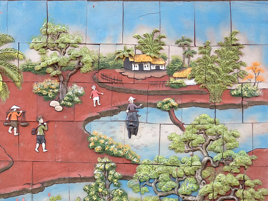 Tranh gốm ốp tường Đồng quê Bát Tràng đẹp, mộc mạc, sang trọng