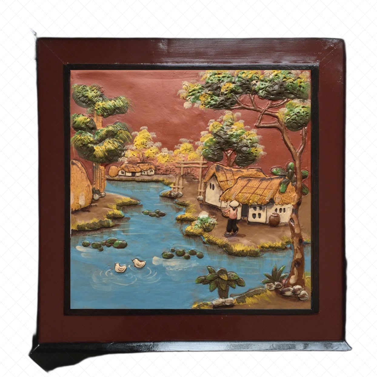 Tranh gốm đồng quê Bát Tràng 45x45cm trang trí ấm cúng 