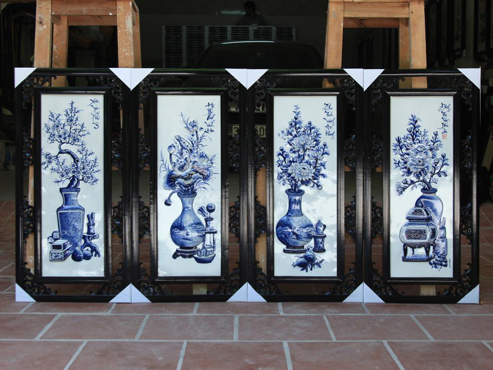 Tranh tứ quý men lam Bát Tràng đắp nổi 85x42cm trang trí sang 