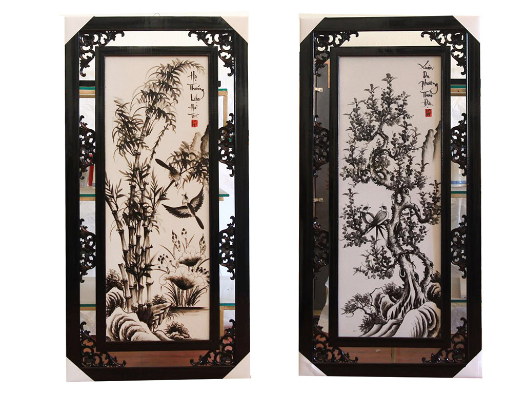 Tranh Tứ Quý Bát Tràng 50x100cm men đen trắng sang trọng, phong thủy Tranh Tứ Quý Bát Tràng 50x100cm men đen trắng sang trọng, phong thủy