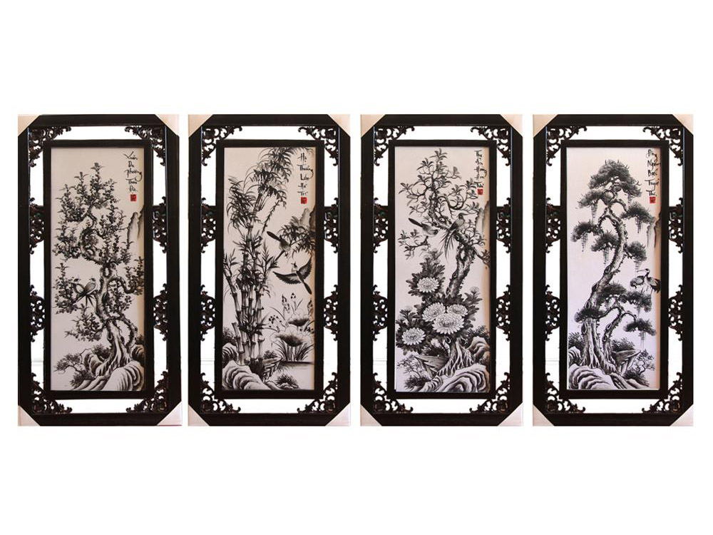 Tranh Tứ Quý Bát Tràng 50x100cm men đen trắng sang trọng, phong thủy 