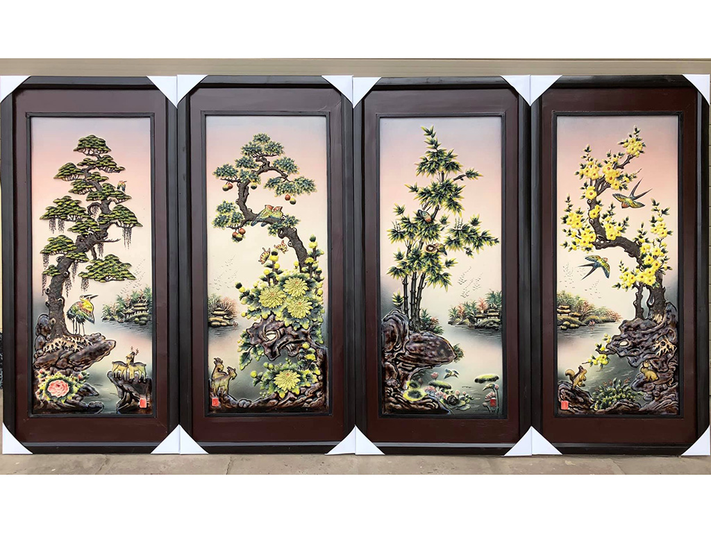 Tranh tứ quý men nổi S2 đứng 90x43cm sang trọng quà tặng ý nghĩa 