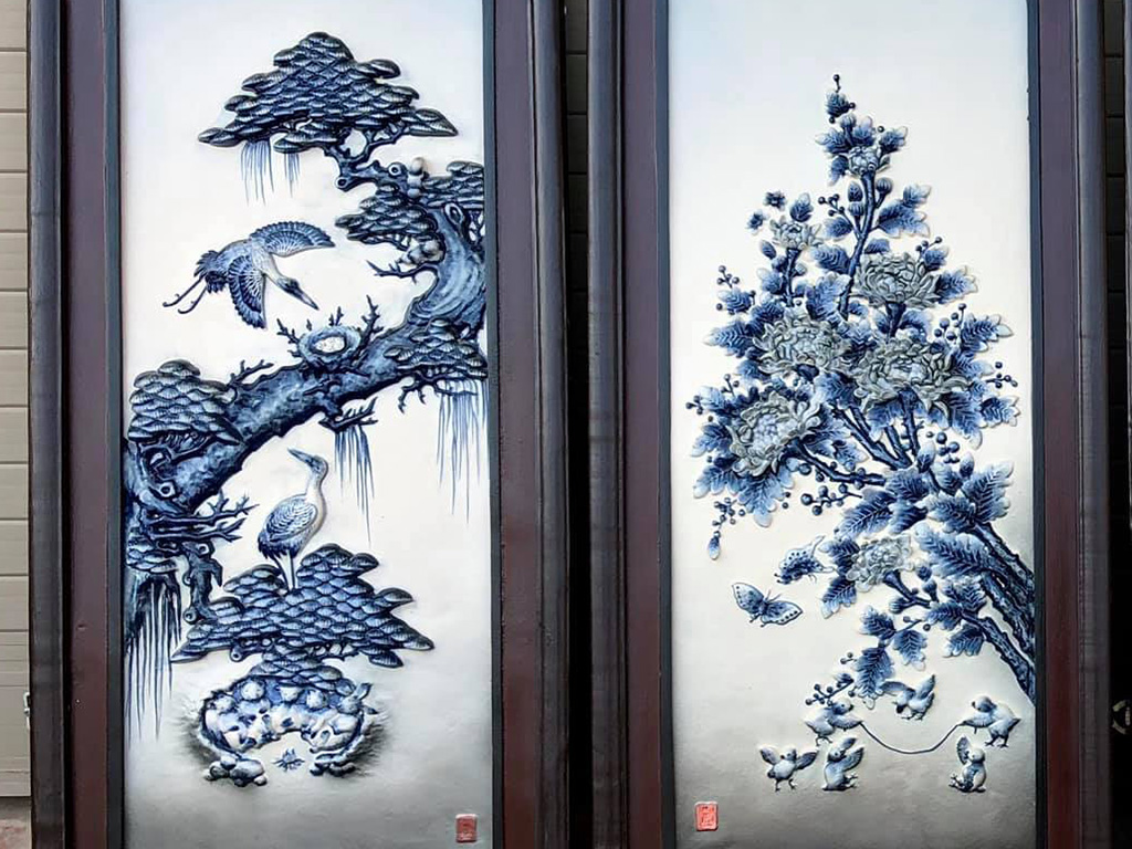 Tranh tứ quý men lam tràm Bát Tràng 90x43cm tặng may mắn tài lộc Tranh tứ quý men lam tràm Bát Tràng 90x43cm tặng may mắn tài lộc