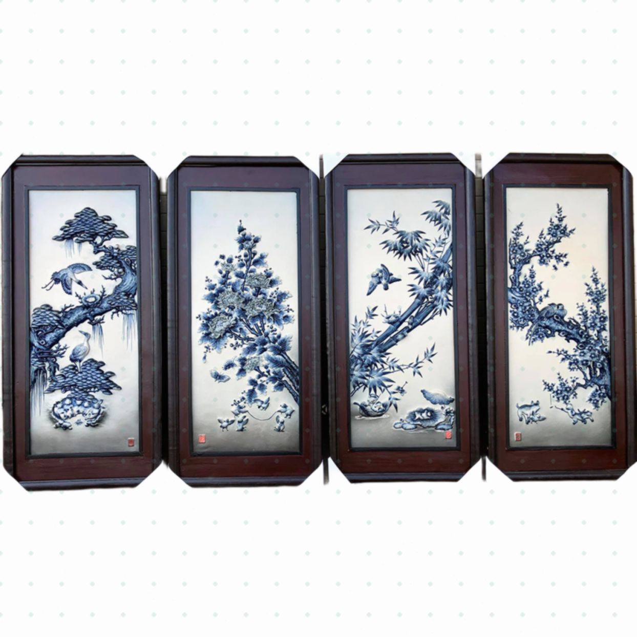 Tranh tứ quý men lam tràm Bát Tràng 90x43cm tặng may mắn tài lộc 