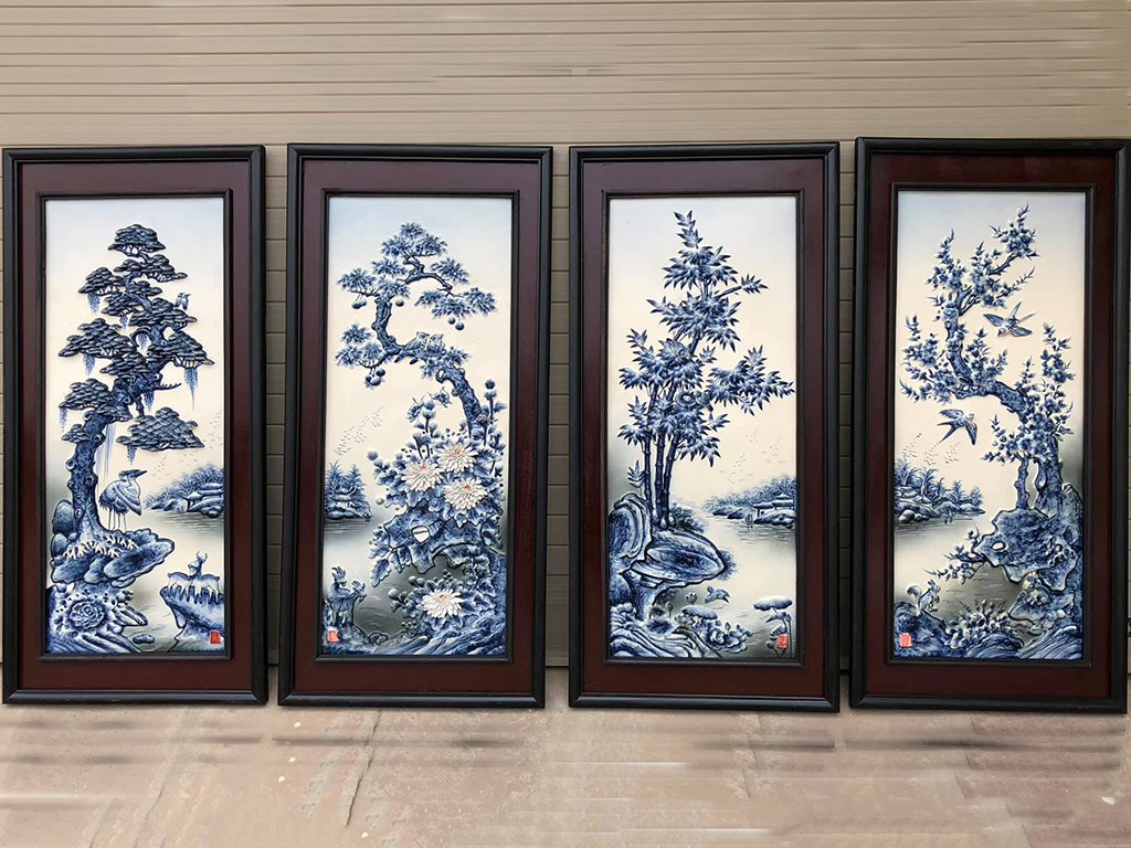 Tranh tứ quý men lam tràm Bát Tràng S2 90x43cm sang trọng Tranh tứ quý men lam tràm Bát Tràng S2 90x43cm sang trọng