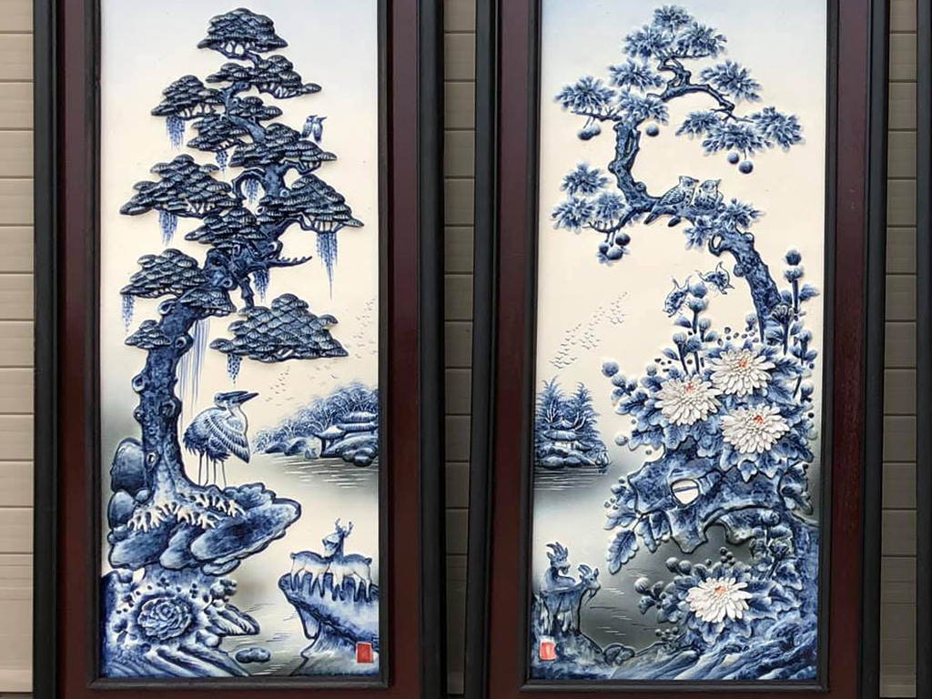 Tranh tứ quý men lam tràm Bát Tràng S2 90x43cm sang trọng Tranh tứ quý men lam tràm Bát Tràng S2 90x43cm sang trọng