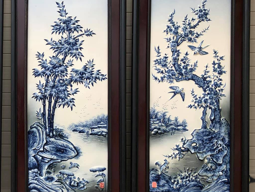 Tranh tứ quý men lam tràm Bát Tràng S2 90x43cm sang trọng Tranh tứ quý men lam tràm Bát Tràng S2 90x43cm sang trọng