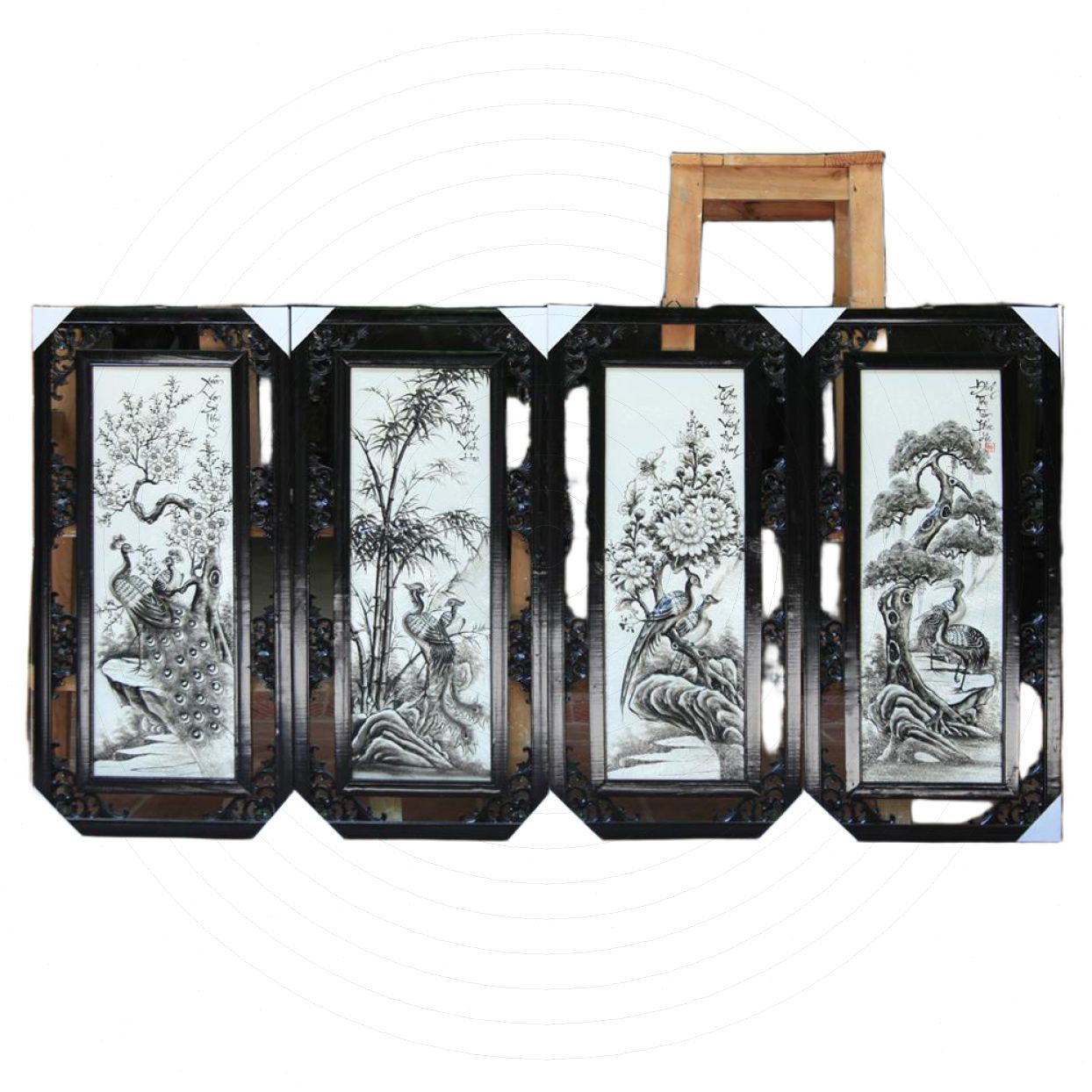 Tranh tứ quý Tùng Cúc Trúc Mai đắp nổi gốm Bát Tràng đẹp 