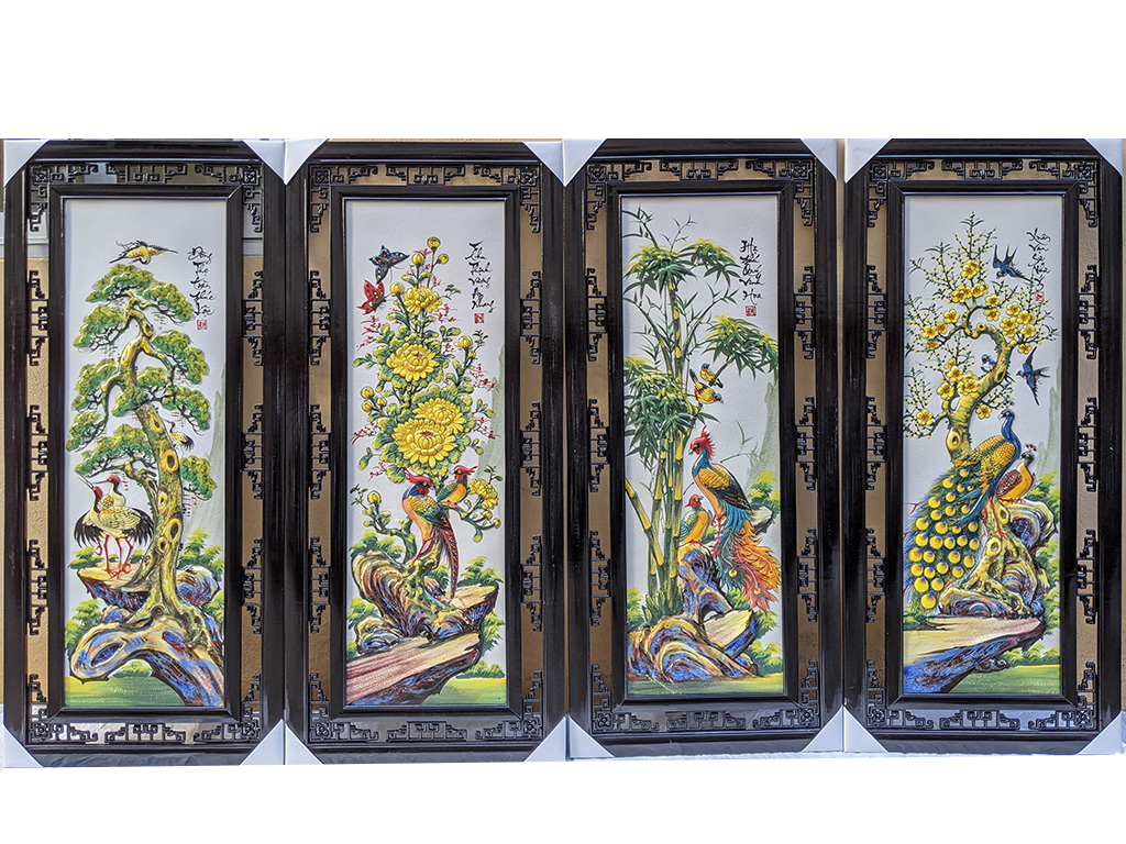 Tranh tứ quý Bát Tràng men màu phong thủy tùng cúc trúc mai 