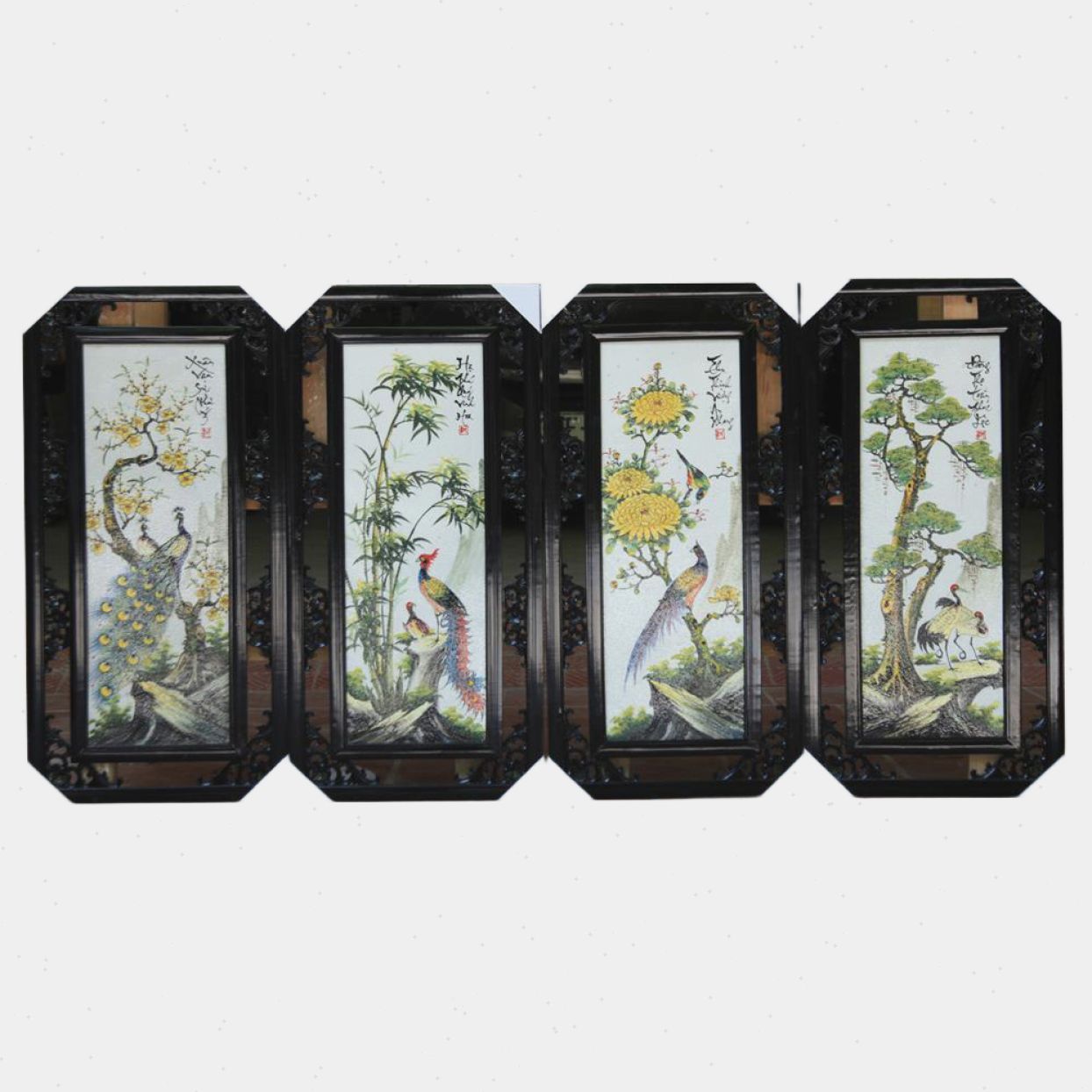 Tranh tứ quý Bát Tràng 87x43cm vẽ tay chim quý phong thủy 