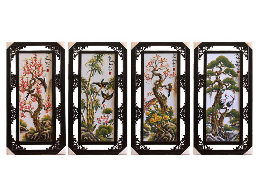 Bộ Tranh Tứ Quý Đắp Nổi Đào Trúc Cúc Tùng 82x42cm Sang Trọng 