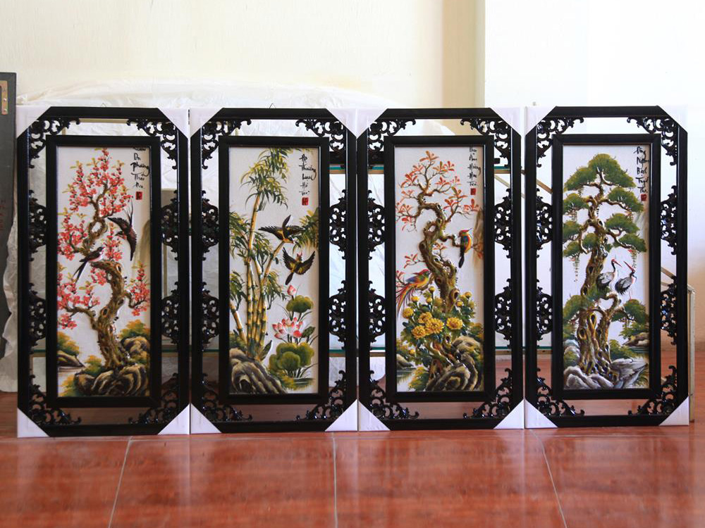 Bộ Tranh Tứ Quý Đắp Nổi Đào Trúc Cúc Tùng 82x42cm Sang Trọng