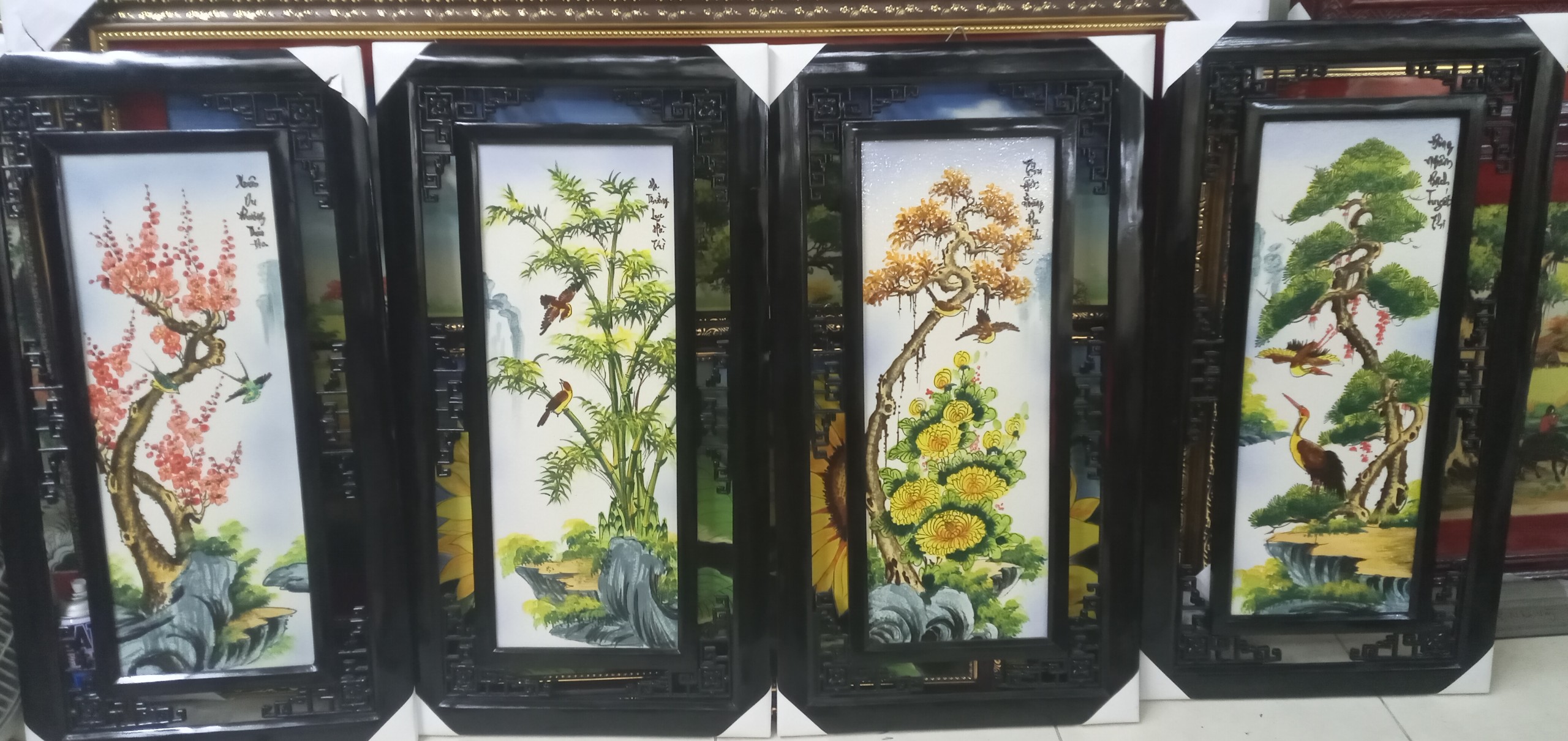 Tranh tứ quý Tùng Cúc Trúc Đào vẽ tay chim quý 80x43cm đẹp 