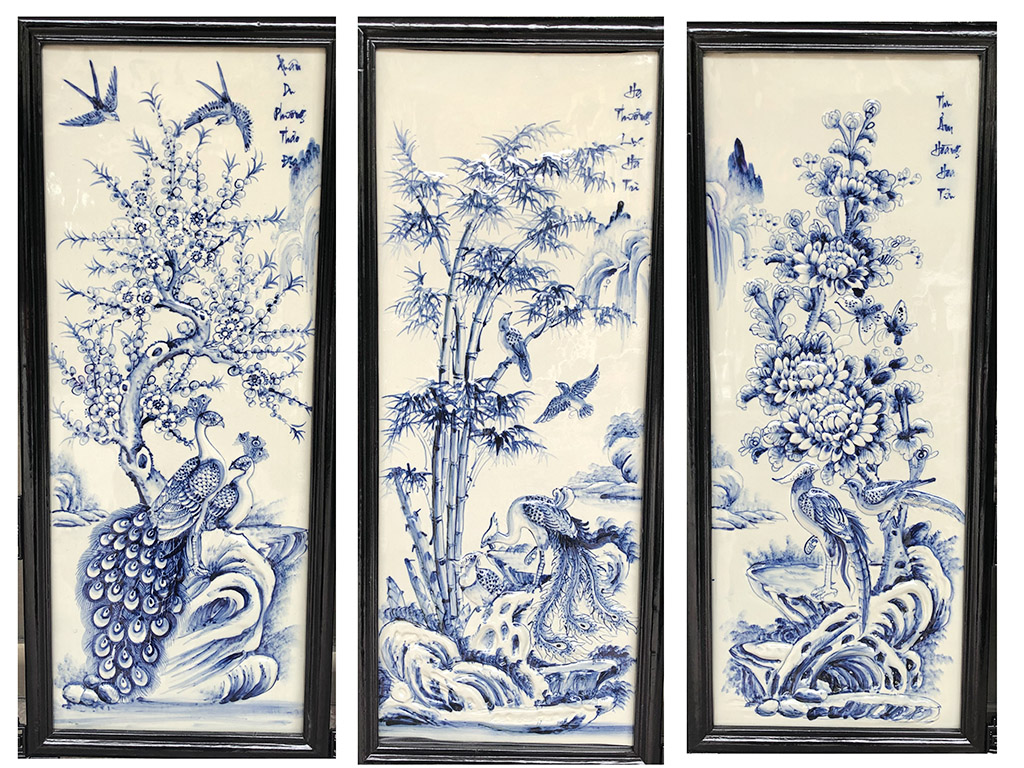 Tranh tứ quý men lam Bát Tràng Tùng Cúc Trúc Mai 98x48cm đẹp Tranh tứ quý men lam Bát Tràng Tùng Cúc Trúc Mai 98x48cm đẹp