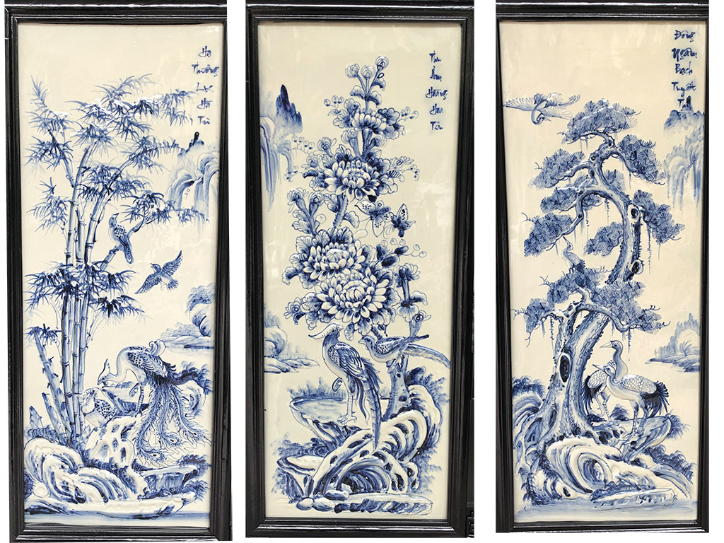 Tranh tứ quý men lam Bát Tràng Tùng Cúc Trúc Mai 98x48cm đẹp Tranh tứ quý men lam Bát Tràng Tùng Cúc Trúc Mai 98x48cm đẹp