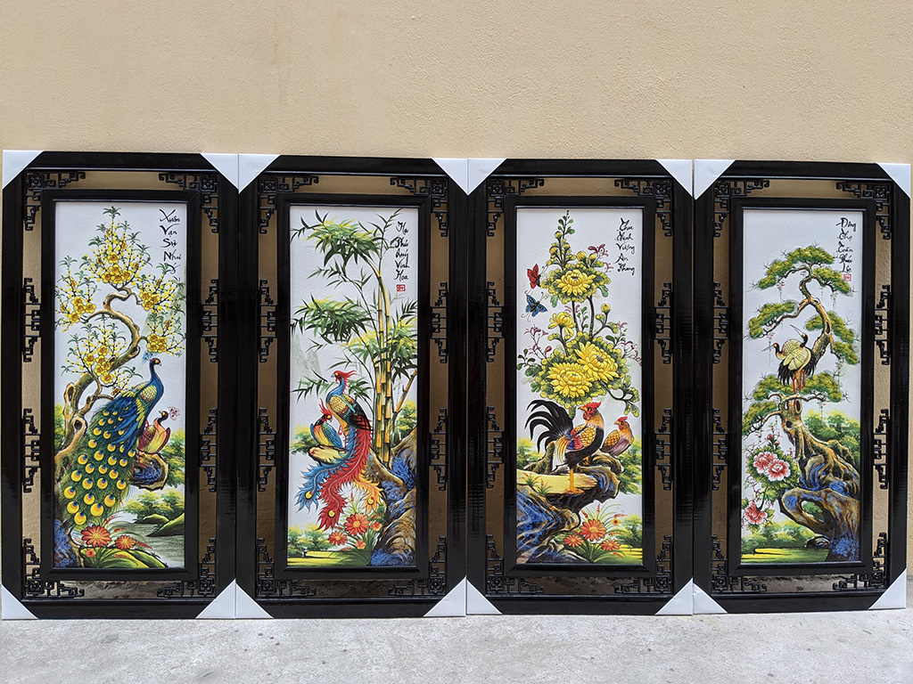 Tranh tứ quý đắp nổi cao cấp khung gỗ thông 100x50cm nghệ thuật phong thủy 