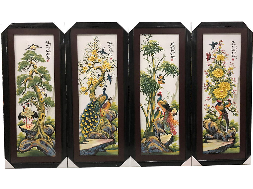 Tranh tứ quý men màu đắp nổi Bát Tràng Tùng Cúc Trúc Mai đẹp sang trọng hút tài lộc 116x55cm 