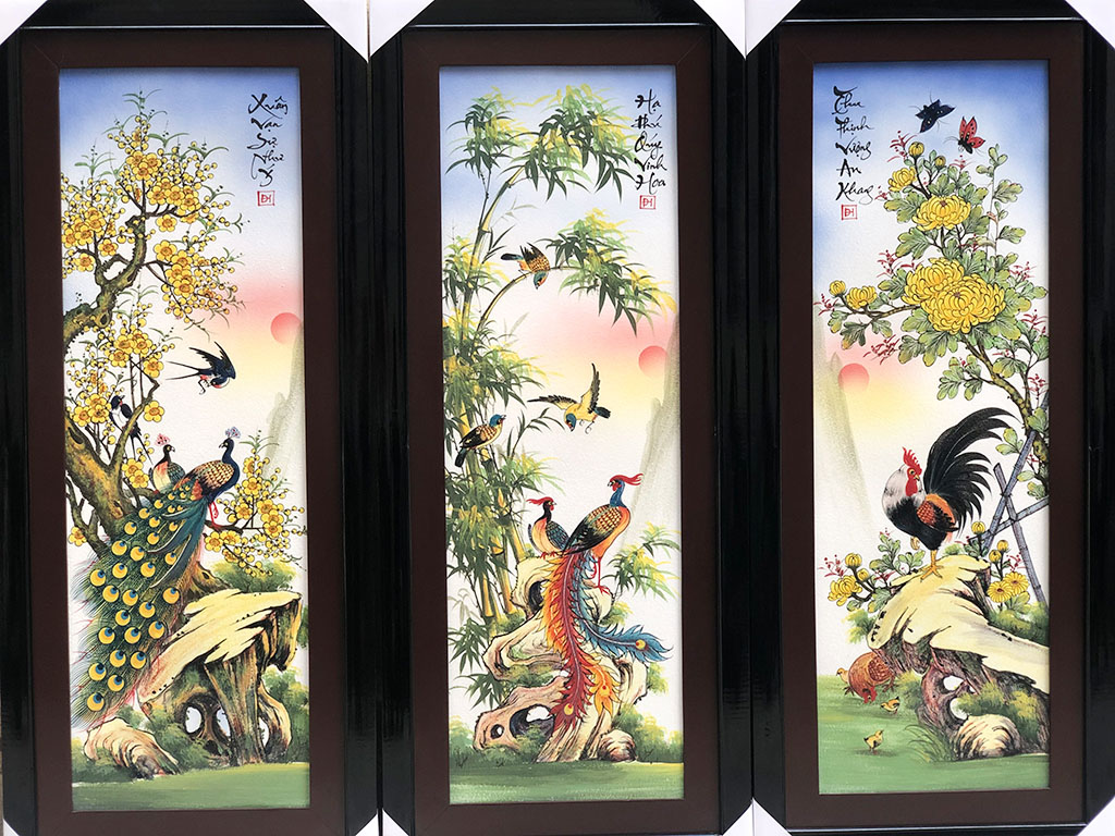 Tranh tứ quý Bát Tràng sứ men màu trơn Tùng Cúc Trúc Mai vẽ tay khung đẹp