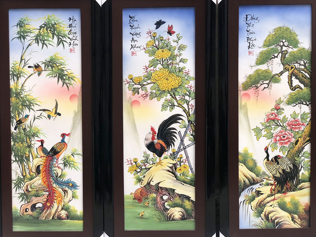 Tranh tứ quý Bát Tràng sứ men màu trơn Tùng Cúc Trúc Mai vẽ tay khung đẹp
