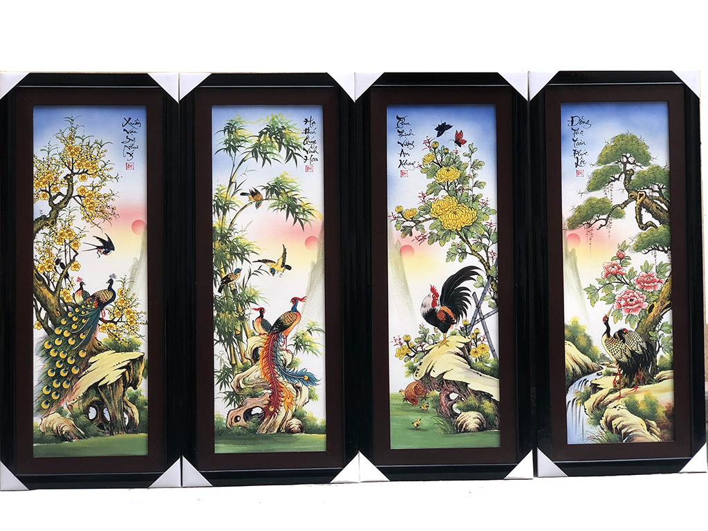 Tranh tứ quý Bát Tràng sứ men màu trơn Tùng Cúc Trúc Mai vẽ tay khung đẹp 
