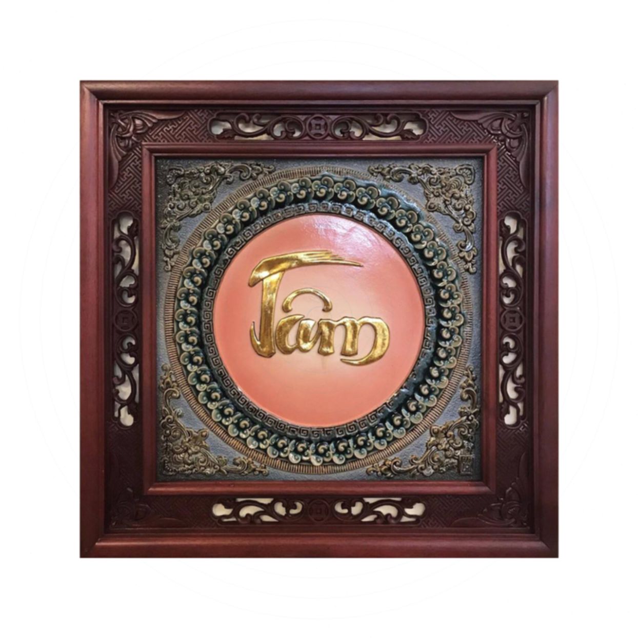 Tranh sứ chữ Tâm dát vàng khung gỗ gụ cao cấp sang trọng 