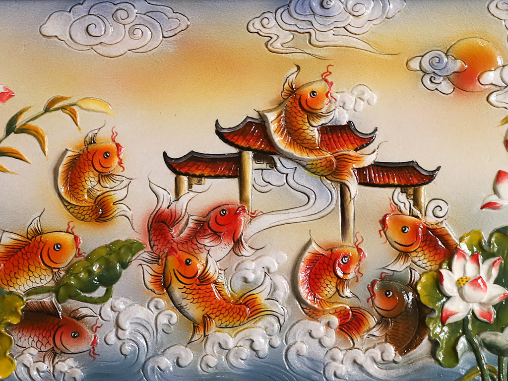 Tranh sứ cửu ngư quần hội 64x98cm cá chép phong thủy trang trí Tranh sứ cửu ngư quần hội 64x98cm cá chép phong thủy trang trí