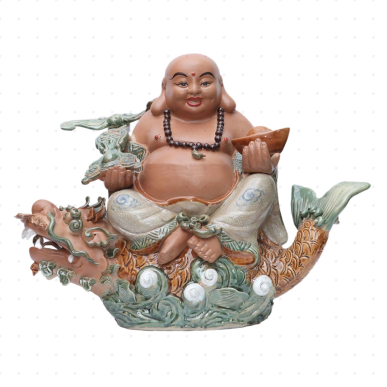 Tranh tượng Di Lặc ngồi cá chép hóa Rồng men rạn 40x60cm đẹp phong thủy 