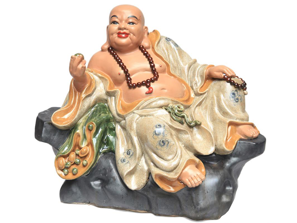 Tượng sứ Di Lặc Bát Tràng ngồi bệ đá men rạn 60x70cm đẹp phong thủy 