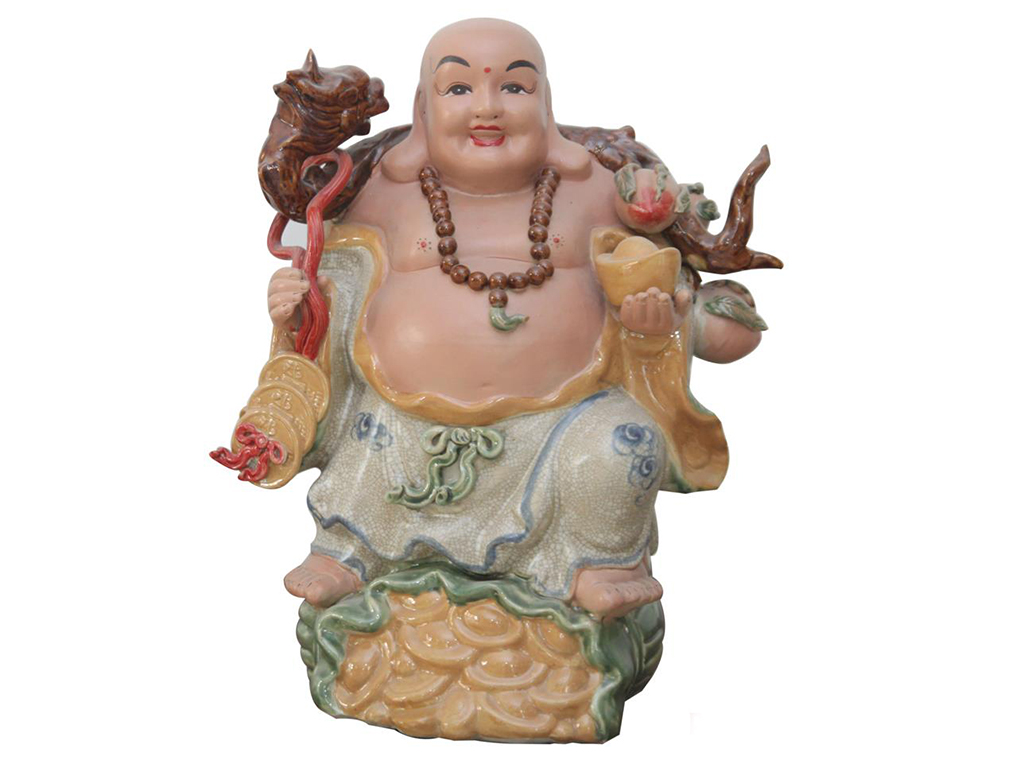 Tượng sứ Di Lặc men rạn cao 50cm ghánh tiền đào phong thủy