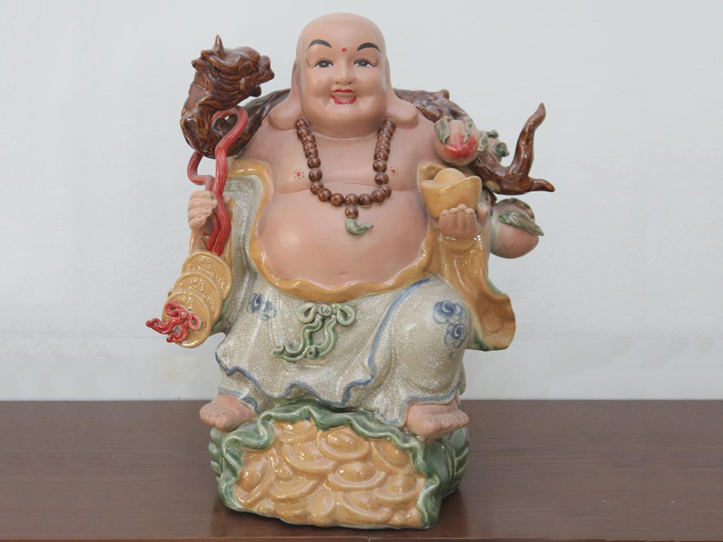 Tượng sứ Di Lặc men rạn cao 50cm ghánh tiền đào phong thủy