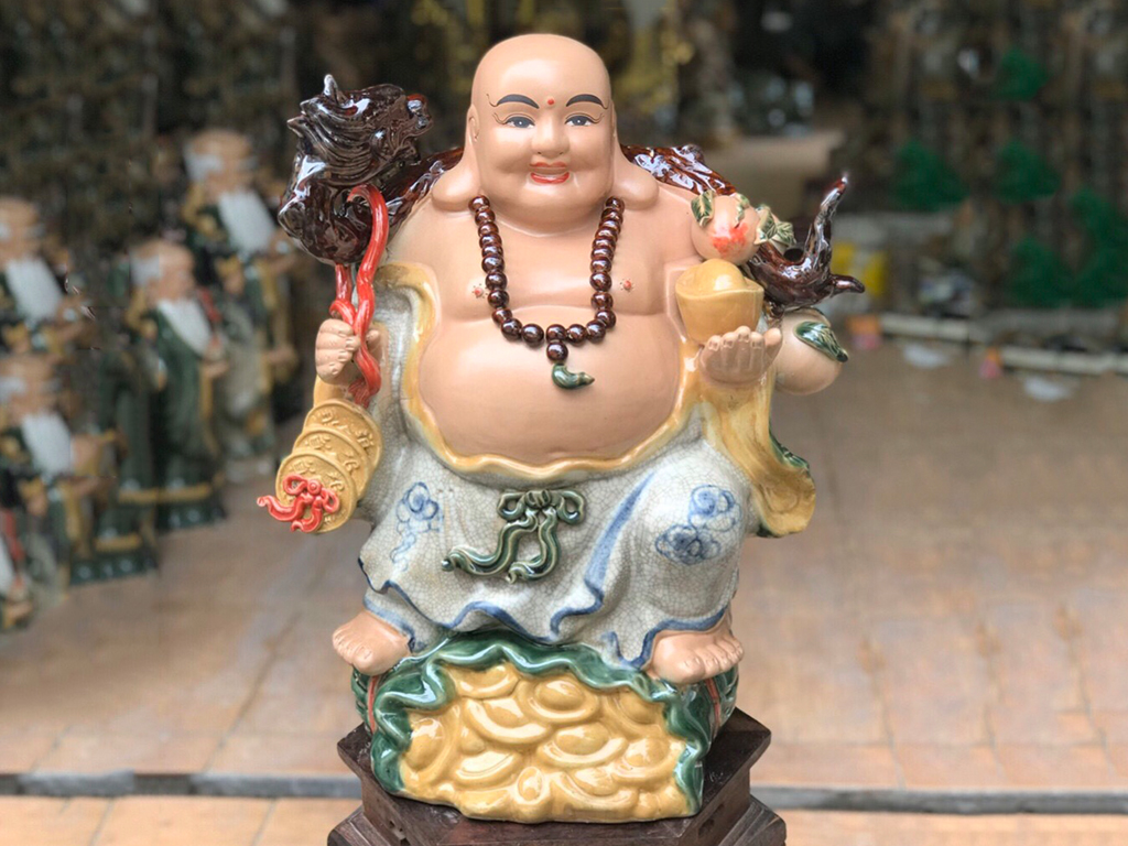 Tượng sứ Di Lặc men rạn cao 50cm ghánh tiền đào phong thủy