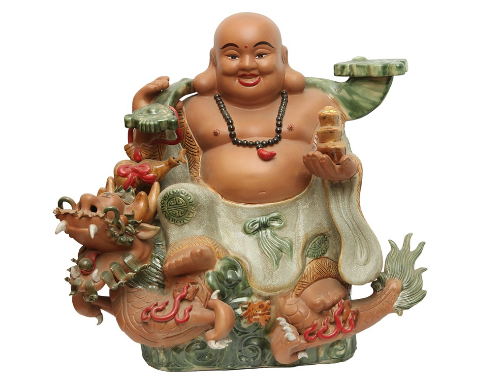 Tượng sứ Di Lặc cưỡi Rồng 70cm men rạn chuẩn phong thủy đẹp