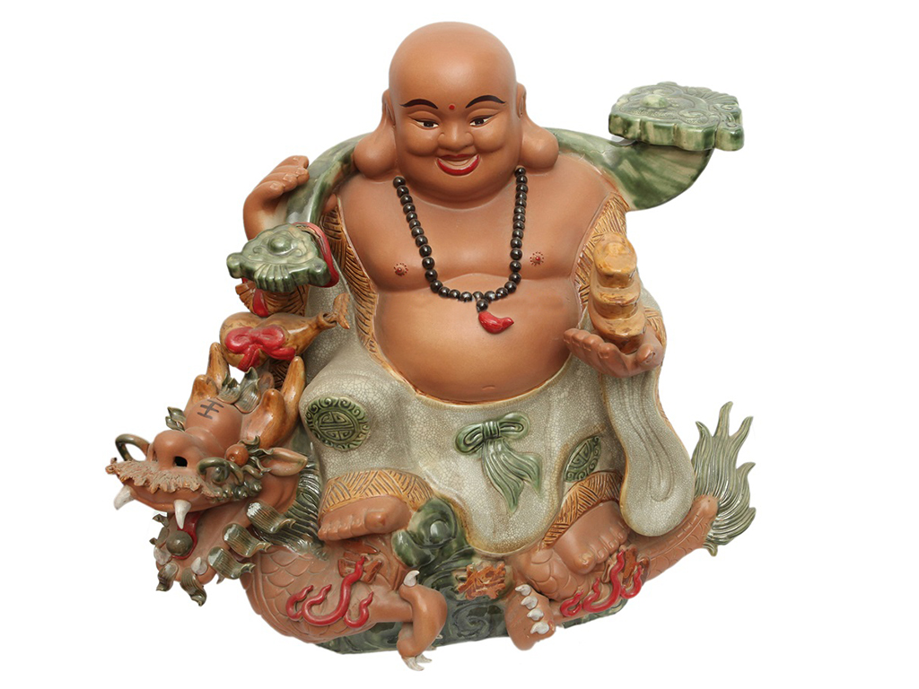 Tượng sứ Di Lặc cưỡi Rồng 70cm men rạn chuẩn phong thủy đẹp