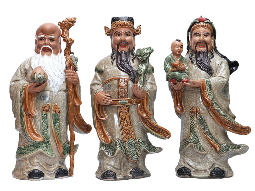 Tượng sứ Phúc Lộc Thọ men rạn cổ Bát Tràng - Quà tặng may mắn 