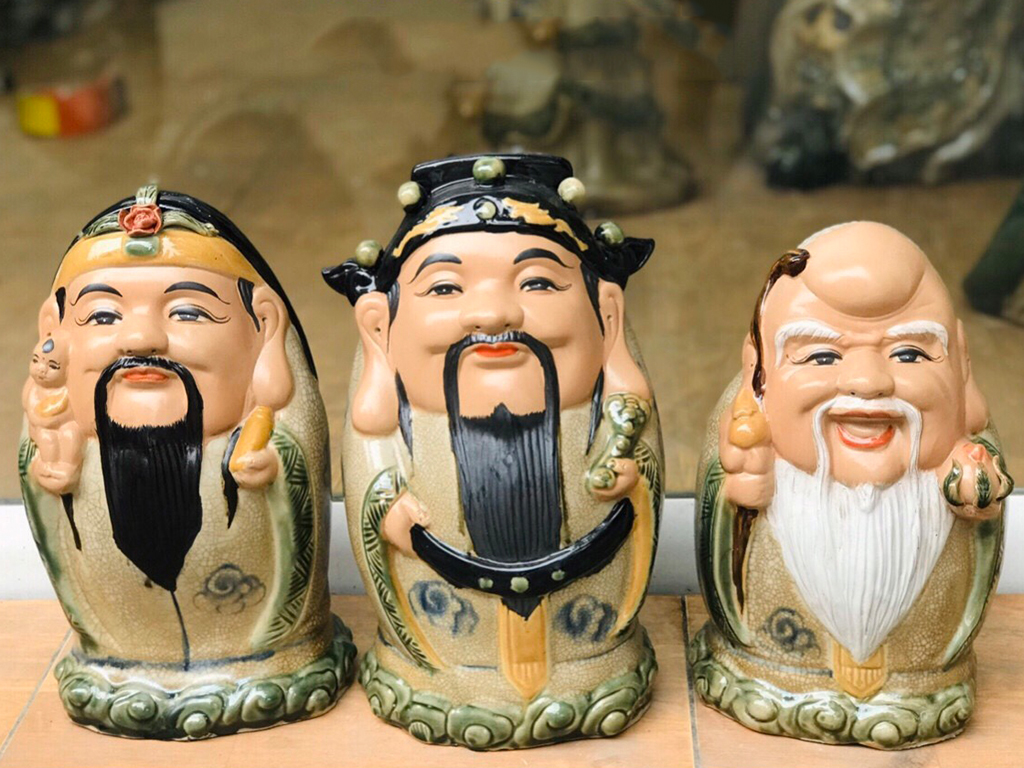 Tượng sứ Phúc Lộc Thọ men rạn Bát Tràng cao 32cm sang trọng