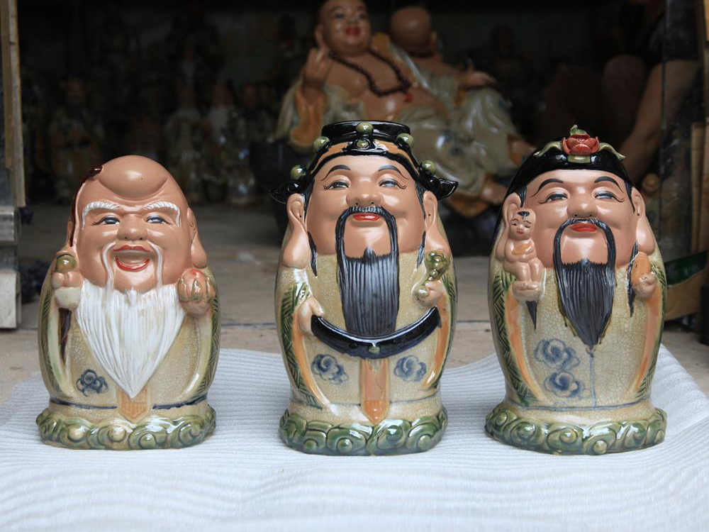 Tượng sứ Phúc Lộc Thọ men rạn Bát Tràng cao 32cm sang trọng