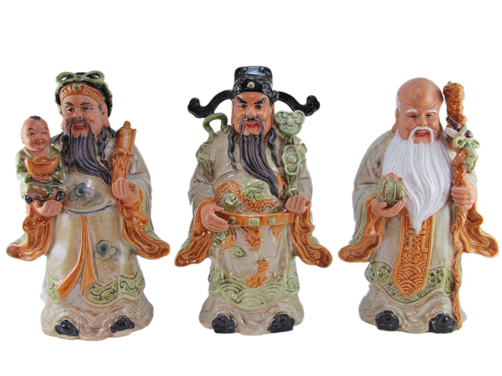 Tượng sứ Phúc Lộc Thọ men rạn cổ 30cm trang trí phong thủy sang trọng 